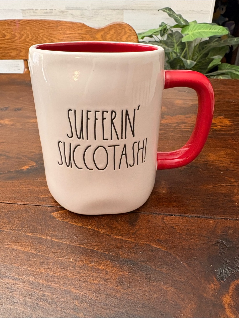 Rae Dunn White Mug with Red Handle and Interior - 'SUFFERIN' SUCCOTASH!'